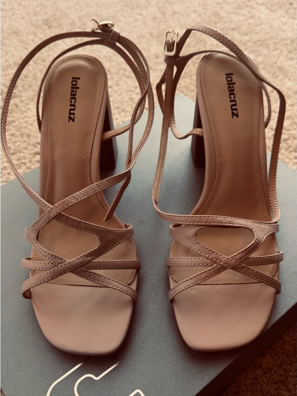 New in Box Lolacruz Taupe Strappy Block Heel Sandals